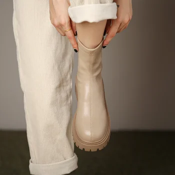 Kadın yarım çizmeler Kadın Moda Platformu Kare Topuklu Seksi pu ayakkabıları Bayanlar Katı Kalın Alt Zip Streç Çizme