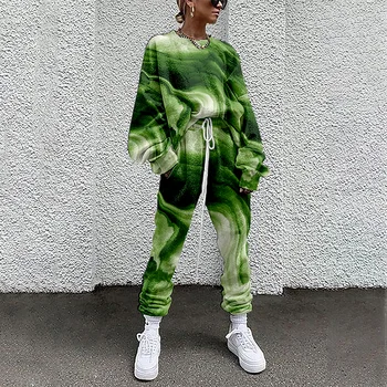 SOJINM 2022 Kadın Eşofman Kazak + Düz Sweatpants Yeşil Baskılı 2 Parça Kıyafet Eşleştirme Spor Sportif Artı Boyutu XL