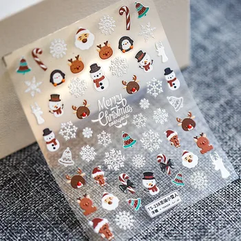 5D Merry Christmas-Story Nail Art Çıkartmaları Süslemeleri Kendinden Yapışkanlı Manikür Parti Çıkartmaları Beyaz Kar Karton Vintage 5D Sticker