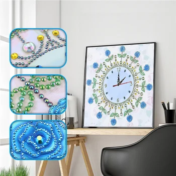 DIY Özel Şekilli Elmas Boyama Mavi Çiçek Duvar Saati El Sanatları Nakış Çapraz Dikiş Mozaik Ev Sanat Dekorasyon 35x35 cm