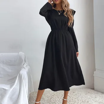 Moda Rahat Uzun Kollu O Boyun Yüksek Bel Korse Fırfır uzun elbise Streetwear İlkbahar Sonbahar Kadınlar Zarif Elbise
