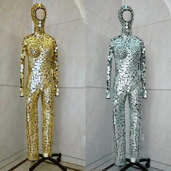 Yeni Ayna Tulum Kadınlar Uzun Kollu Kapşonlu Sequins Bodysuit Sahne Performansı Kıyafet Gogo Kostüm Festivali Giyim XS3876
