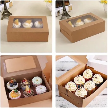 10 adet Cupcake Kutuları Kraft Kağıt Çerez Kutuları 6 Sayısı Pencere ile Pasta Muffin Hamur İşleri Gıda Kapları Ekmek Tedavi Kutuları