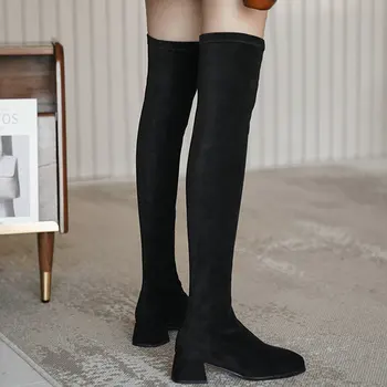 Yeni Siyah Uyluk Yüksek Çizmeler Kadın Akın Uzun Çizmeler Kış Çorap Çizmeler Bayanlar Diz Çizmeler Üzerinde Rahat Orta Topuklu Streç Çizmeler