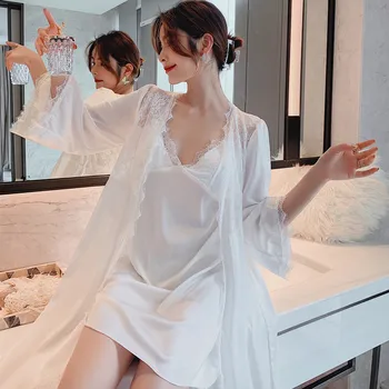 Saten İki Parçalı Seksi Gecelik Kimono Bornoz Kadınlar İçin Yazlık Rahat Elbise Giymek Salonu Ev Tekstili Set Dantel Sabahlık Pijama 