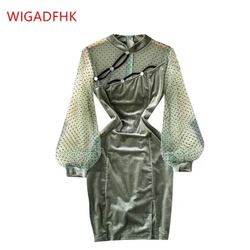 Zarif kadın Sonbahar Ve Kış Yeni Cheongsam Retro Polka Dot Örgü Dikiş High-end Kadife Batı Tarzı Elbise