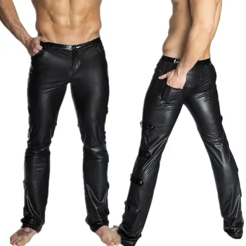 Erkek Deri Pantolon Suni Deri Pu Sıkı Siyah Motosiklet Sıska Suni Deri Rahat Pantolon Adamın Düz Fermuar Sinek Düzenli