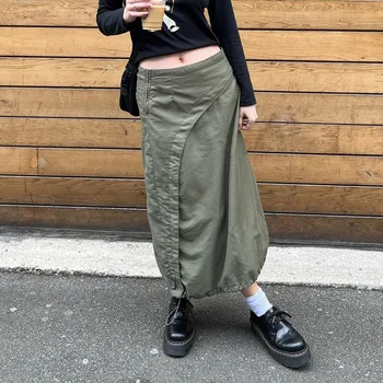 2000s Estetik Kargo Etek Kadın Düşük Bel Uzun Etekler y2k Tarzı E Kız Streetwear Düz Renk Grunge İpli Etek