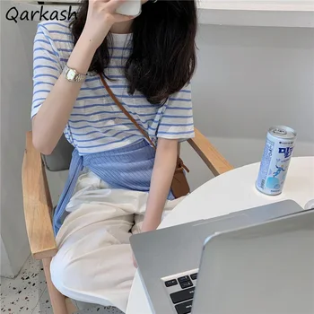 Kadın Yaz T-Shirt Kırpma Üst Çizgili Gevşek Basit Eğlence İnce Mavi Yeşil Kore Tarzı Plaj Taze Serin Streetwear Tüm Maç