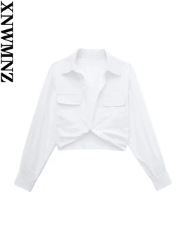 XNWMNZ 2023 Kadın Moda Kırpılmış Poplin Gömlek Kadın Vintage V Yaka Uzun Kollu Görünmez Yan Fermuar Üst Kadın Bluz