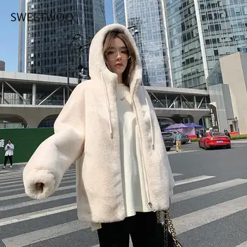 Yeni Kış Moda Sıcak Faux Tavşan Kürk Palto Kadınlar Kapşonlu Gevşek Rahat Sevimli Yumuşak Peluş Kürk Ceket Fermuar Katı Palto 2022