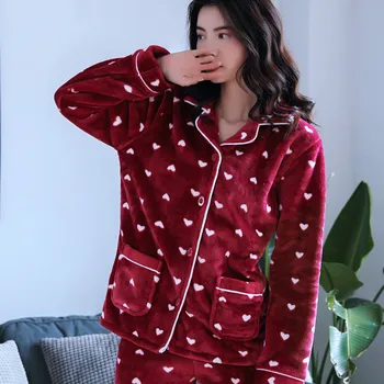 H5828 Kadın Pijama Takım Kadın Sonbahar Kış Mercan Kadife Kalın Pijama Bayan Mizaç Uzun Kollu Pazen Kore Ev Giyim