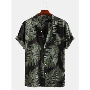 Erkek Palmiye Ağacı Baskılı Plaj Gömlek Yaz Kısa Kollu Gömlek Erkek Tatil Tatil Giyim Chemise