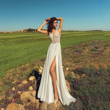 Fanweimei A-Line Şifon düğün elbisesi V Yaka Kolsuz Dantel Aplikler gelinlikler Seksi Gelinler Elbise Custom Made