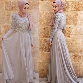 Gümüş Gri Aplike Abiye 2020 Arapça Dubai Vintage Uzun Kollu Yüksek Boyun Örgün Durum Parti Törenlerinde Balo Elbise
