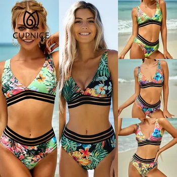 Blossomora Basılı Yaprakları V-yaka Bikini set Kadınlar İçin İki Adet 2022 Plaj Mayo Mayo Yüksek Bel Seksi Mayo 