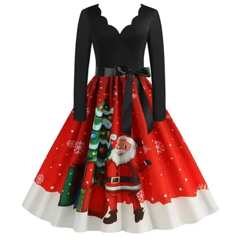 Kadın Kış Elbise Uzun Kollu Baskı Vintage Noel Elbise Noel Baba Kar Parti Elbise Rahat Zarif Midi Elbise Robe
