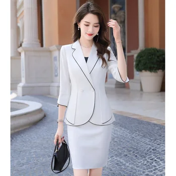 Kadın Beyaz Blazer Bsiness Etek ve Ceket ile Suits Setleri Ofis Bayanlar İş Elbisesi Elbise Yarım Kollu