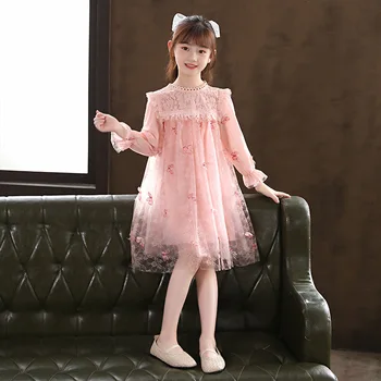 Sonbahar Yeni Kız Uzun Kollu Elbise Peri Kelebek Prenses Etek Çocuk Dantel Örgü Elbiseleri Performans Vestido Elbise Hollow 