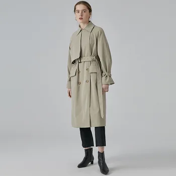 2022 Sonbahar ve Kış Yeni Şık Mizaç İnce Orta Uzunlukta Kruvaze Trençkot Düz Renk Dantel-Up Ceket kadın giyim