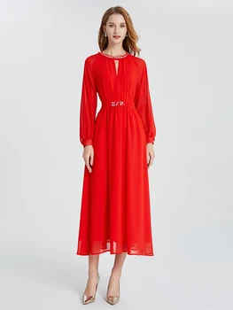 Tasarımcı İlkbahar Sonbahar kadın Yeni Yüksek Kaliteli Rahat Parti Ünlü Zarif Şık Yuvarlak Boyun Elmas Şifon Kırmızı uzun elbise