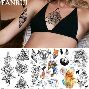 FANRUİ Gül Çiçek Seksi Deco Geçici Dövme Etiket Lotus Buda Üçgen Sahte Dövme Su Geçirmez Vücut Sanatı Kol Bilek Özel Tato