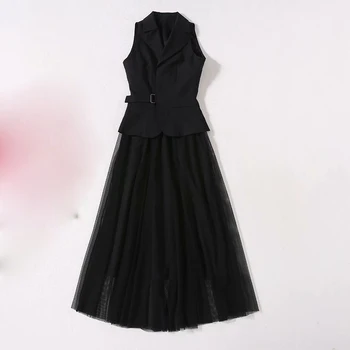 Yeni YÜKSEK KALİTE Şık Moda 2021 Tasarımcı Gazlı Bez Takım Elbise Setleri kadın Katı Siyah Kolsuz Blazer Kadife Kayış Örgü Elbise Seti