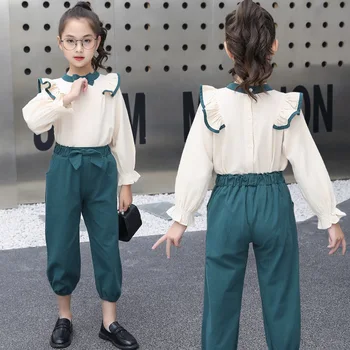 Genç Kız Giyim Seti Çocuk Sonbahar Yay Bej Uçan Kollu T-Shirt + Koyu Yeşil Pantolon 2 Adet Çocuk Giyim Takım Elbise 5 6 8 10 12 Yıl