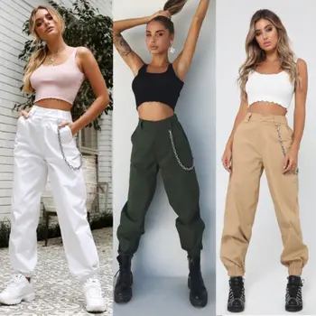 Hirigin Kadınlar Yüksek Bel Kargo cepli pantolon Düz Renk Gevşek Jogger Pantolon Rahat Moda Harajuku Hip-Pop Sweatpants