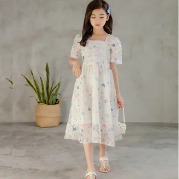 YENİ 2021 Yaz Uzun Genç Kız Elbise Çocuk Giysileri Dantel Çiçek Beyaz Renk çocuk elbiseleri Prenses Giyim Astar İle
