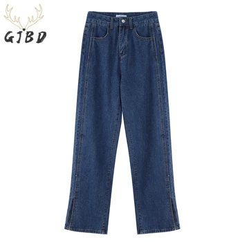 Yüksek Bel kadın Düz Kot Vintage Mavi Baggy Şık Tasarım Streetwear Kore Moda Anne Yarık Kot Pantolon Geniş Bacak Pantolon