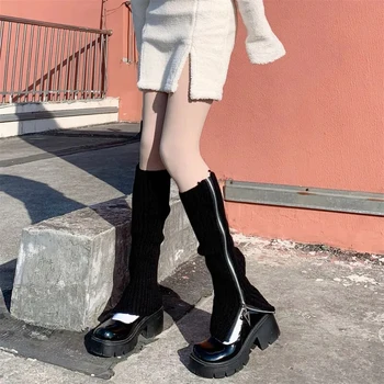 Kadın Gotik Punk Nervürlü Örme bacak ısıtıcıları Harajuku Yan Fermuar Up Düz Renk Çizme Çorap Öğrenci Diz Yüksek ayak koruyucu