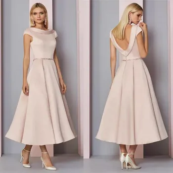 2022 Klasik Allık Çay Boyu anne Gelin Elbiseler O Boyun Çizgisi Cap Sleeve İle Düğün Konuk Törenlerinde Backless Satılık