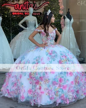 Beyaz Nakış Çiçekler Balo Quinceanera Elbise Kapalı Omuz Meksika Balo Elbise Vestidos De 15 Años 2022