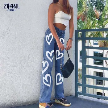 Yüksek Sokak kadın Kalp Baskılı Y2K bol kot pantolon Kadın Yüksek Bel Harajuku Düz Kot Vintage Kadın Denim Pantolon